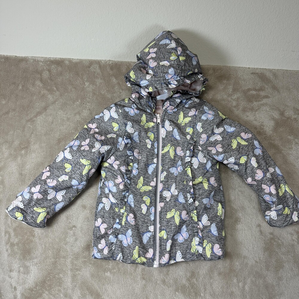 Penelope Mack Puffer Jacket Girls 4 Gray Butterfly Print Hooded Fleece Lined